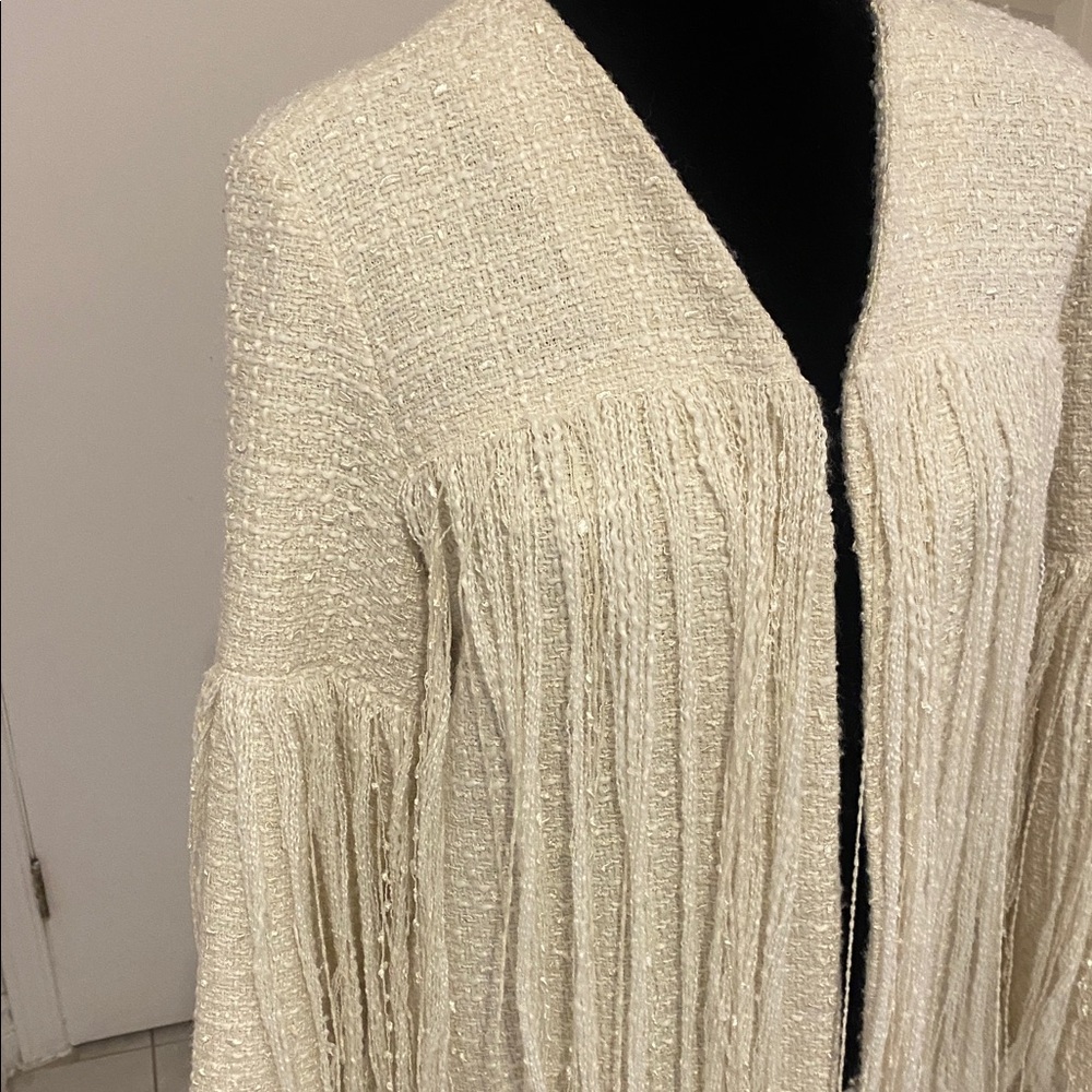 ZARA Ecru Cream Fringe Open Cardigan Tweed Textured Structured Jacket Sze Small - Picture 6 of 17